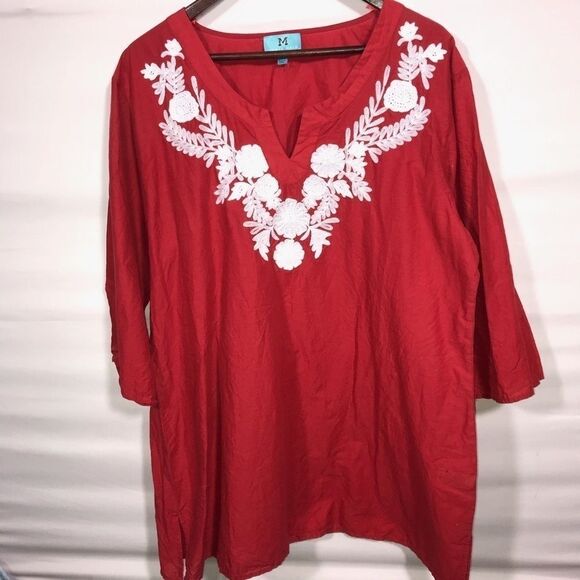 Women's South Main Red & White Embroidered Blouse - Picture 2 of 11